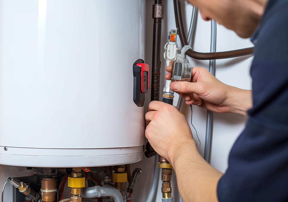 Technician repairing pipes connected to a water heater in Lake Elsinore